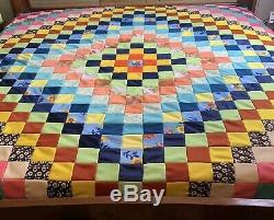 Vintage Quilt Top Handmade Hand Quilted 89 x 89 Polyester Floral boho 70's