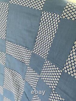 Vintage Quilt Top Shades Of Blue Blocks 88x70 Hand Sewn Some Stains