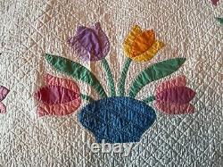 Vintage Quilt Tulip Pot Appliqué 1930's Era Tiny Hand Stitching Amazing Work