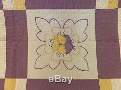 Vintage Quilt Yellow & Lilac Colors Handmade 72 x 83 Pansy Pattern NICE