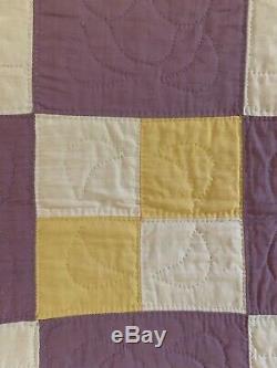 Vintage Quilt Yellow & Lilac Colors Handmade 72 x 83 Pansy Pattern NICE