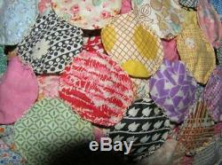 Vintage Quilt Yo Yo handmade handsewn patchwork 98x87 coverlet home STUNNING