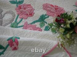 Vintage Romantic Pink & White Applique Rose & Bow QUILT 88x72 Lovely