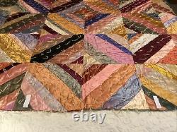 Vintage Silk Log Cabin Patch work Quilt Multicolored Full Size Size 77x65
