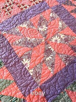 Vintage Star Puzzle Quilt 40's Fabrics Purple & Pink Machine Quilted 62x85
