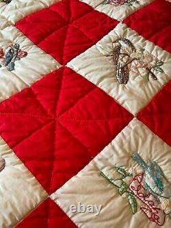 Vintage State Birds Quilt Hand Embroidery Red Cream 94 x 82