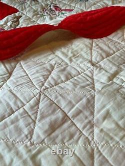Vintage State Birds Quilt Hand Embroidery Red Cream 94 x 82