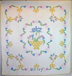 Vintage Summer Applique Quilt, 1950's Floral Basket Of Flowers, 84 X 81-1/2