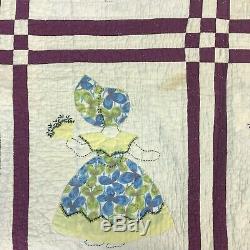Vintage Sunbonnet Sue Baby Babies Depression Era Quilt Handmade Purple 86