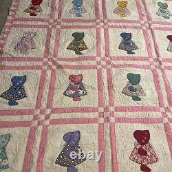 Vintage Sunbonnet Sue Handmade Quilt 84x67 Girls Pink Multi-Color