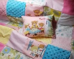 Vintage Three Bears Chenille Shabby Baby Girl Bedding Crib Quilt Gift Set Chic