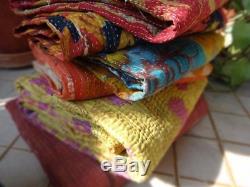 Vintage Throw Kantha Quilt Indian Handmade Cotton Bedspread Reversible Bedding