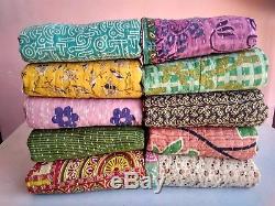 Vintage Throw Kantha Quilt Indian Handmade Cotton Reversible Bedding 10 Pcs Lot
