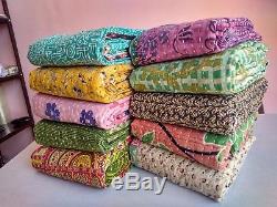 Vintage Throw Kantha Quilt Indian Handmade Cotton Reversible Bedding 10 Pcs Lot