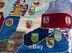 Vintage Travelers Quilt, Handmade, Red White And Blue, Americana, Vintage Patches