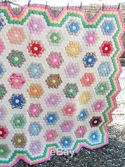 Vintage Triple Border Hand Made Grandmothers Flower Garden Quilt Feedsack