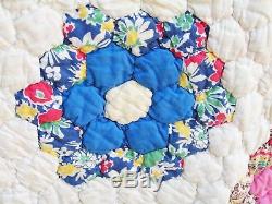 Vintage Triple Border Hand Made Grandmothers Flower Garden Quilt Feedsack