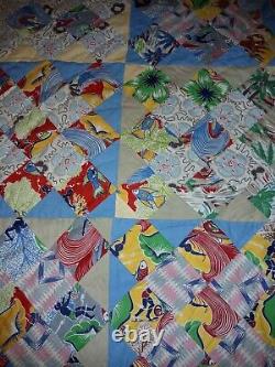 Vintage Tropical Hawaiian Patchwork Quilt Handmade Hand Stitched & Crafted 81x68