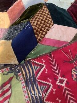Vintage Tumbling Block 1920's Quilt Multicolor Velvet Silk Handmade Flimsy