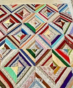 Vintage USA Handmade 70x92 Full Double Scrap Diagonal Strip Quilt Velvet Lace