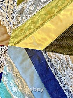 Vintage USA Handmade 70x92 Full Double Scrap Diagonal Strip Quilt Velvet Lace