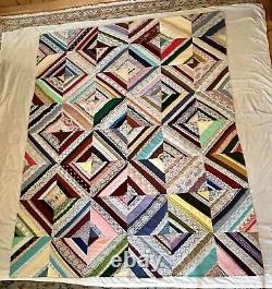 Vintage USA Handmade 70x92 Full Double Scrap Diagonal Strip Quilt Velvet Lace