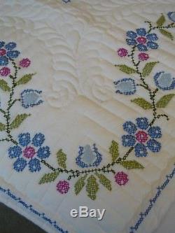 Vintage Very Detailed Handmade Cross Stitch Quilt