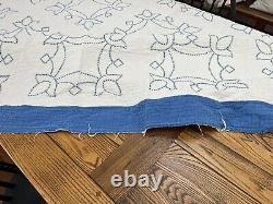 Vintage White Cotton Quilt Blue Cross stitch Blue Border 84x63