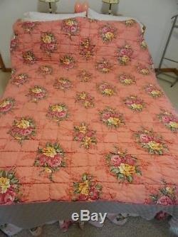 Vintage Whole Cloth Quilt Pink Roses Pick & Blanket Stitch 84 X 70