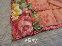Vintage Whole Cloth Quilt Pink Roses Pick & Blanket Stitch 84 X 70