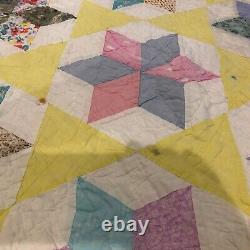 Vintage Yellow 30's-40's Hand-Made Quilt Cotton 6-Point Stars 60x77