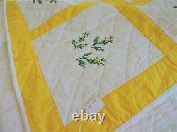 Vintage Yellow Rose Cross Stitched Quilt Handmade & Mennonite Handquilted