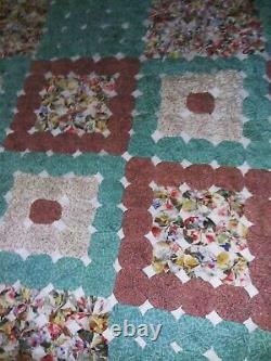 Vintage YoYo Quilt Queen Coverlet Handmade BEAUTIFUL Floral Squares 88 x 102