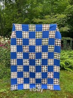 Vintage antique soft blue indigo 9 patch checker checkerboard quilt 1950s cotton