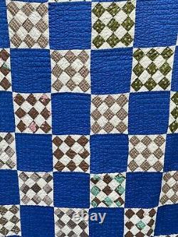 Vintage antique soft blue indigo 9 patch checker checkerboard quilt 1950s cotton