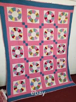 Vintage beautiful Pink Quilt patchwork hand Quilted stitched needlework item1329