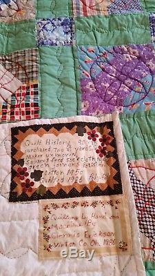 Vintage colorful hand-made feed-sack quilt, 90x75, circa 1940-1986