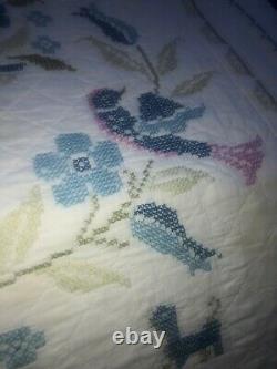 Vintage hand Made Cross Stitch Quilt Blue & White 90x78 Its A Masterpiece