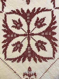 Vintage hand cross stitched embroidered quilt red and white floral medallion