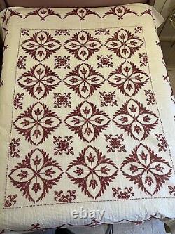 Vintage hand cross stitched embroidered quilt red and white floral medallion