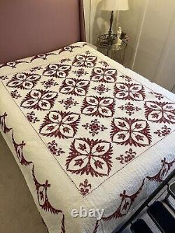 Vintage hand cross stitched embroidered quilt red and white floral medallion