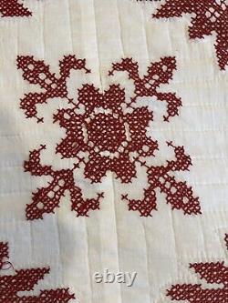 Vintage hand cross stitched embroidered quilt red and white floral medallion