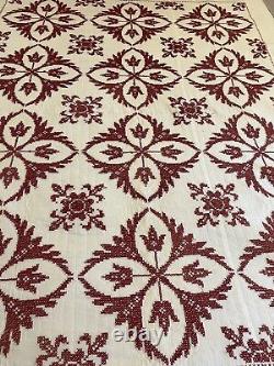 Vintage hand cross stitched embroidered quilt red and white floral medallion