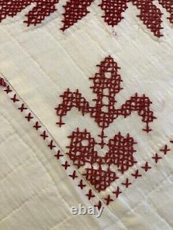 Vintage hand cross stitched embroidered quilt red and white floral medallion