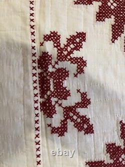 Vintage hand cross stitched embroidered quilt red and white floral medallion