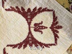 Vintage hand cross stitched embroidered quilt red and white floral medallion