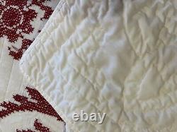 Vintage hand cross stitched embroidered quilt red and white floral medallion