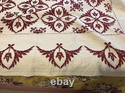 Vintage hand cross stitched embroidered quilt red and white floral medallion