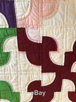 Vintage hand made Patchwork Drunkard's Path UNUSED Quilt Multi Color Solids Twin