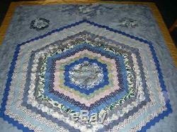 Vintage hand made hexagonal patchwork blue yellow king double quilt bedspread